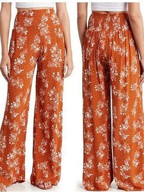 Three Dots Burnt Orange Floral Wide-Leg Smocked Pull on Pants Size M
